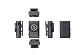 Wireless lavalier mic components: two transmitters, receiver with indicator LEDs, clips, dark gray