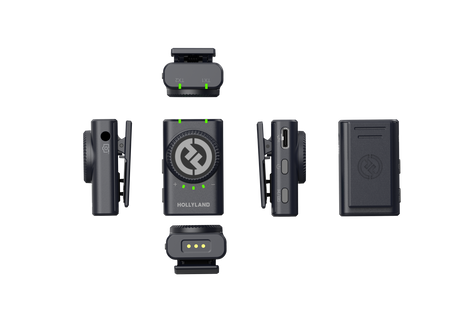 Wireless lavalier mic components: two transmitters, receiver with indicator LEDs, clips, dark gray