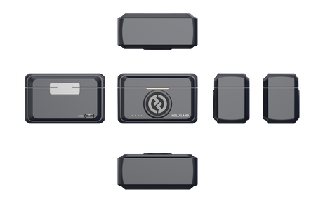 Wireless receiver and charging case views, front and side ports, dark gray