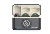 Wireless dual lavalier mic set with open charging case and two receivers, dark gray