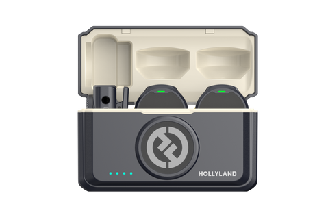 Wireless dual lavalier mic set with open charging case and two receivers, dark gray
