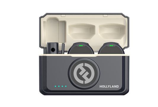 Wireless dual lavalier mic set with open charging case and two receivers, dark gray