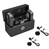LARK MAX Duo wireless mic system in open charging case with two lav mics and cables