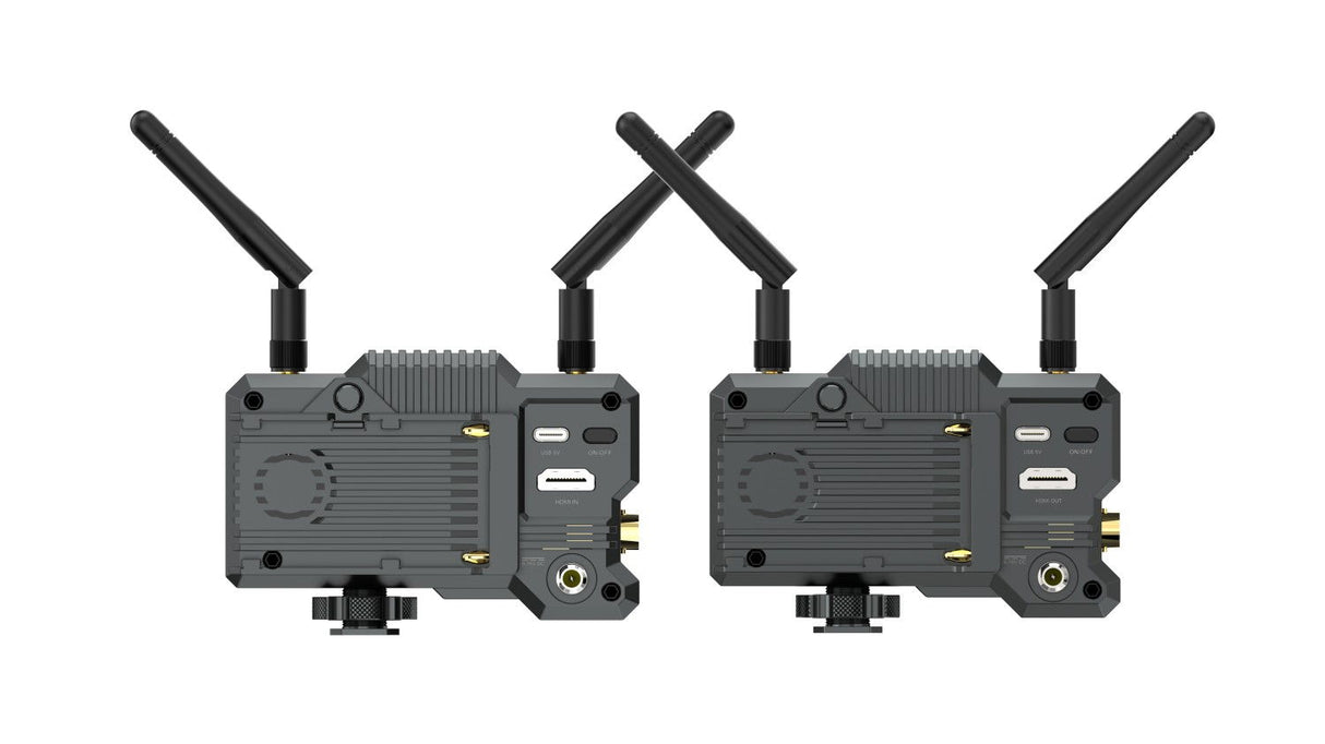 Sistem wireless de transmisie video: vedere laterală a unităților cu antene și porturi