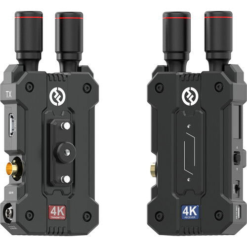 Front view: two 4K wireless video TX/RX units with ports and control labels