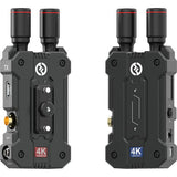Front view: two 4K wireless video TX/RX units with ports and control labels