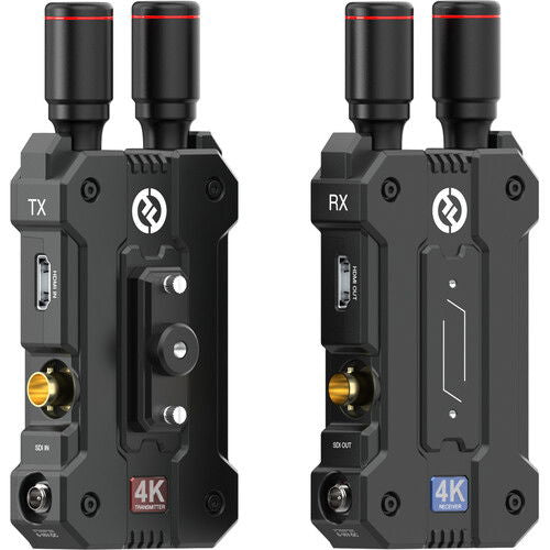 TX and RX wireless video modules showing side panel ports and 4K logos