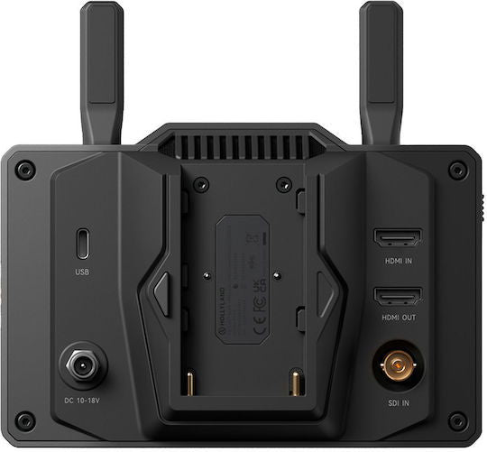 Back panel of wireless transceiving monitor with USB, HDMI in/out, power inputs