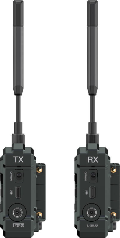 Carcase TX și RX, porturi HDMI/SDI vizibile și alimentare 6-16V