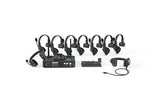 Wireless intercom kit layout: hub, 8 headsets, spare battery sled, and wired accessory