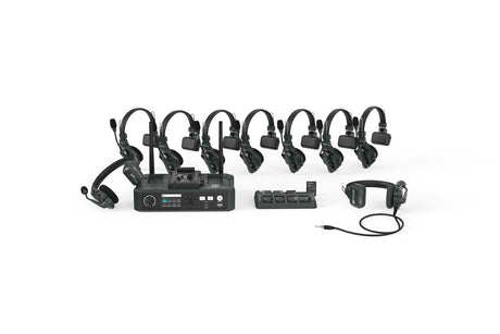 Wireless intercom kit layout: hub, 8 headsets, spare battery sled, and wired accessory