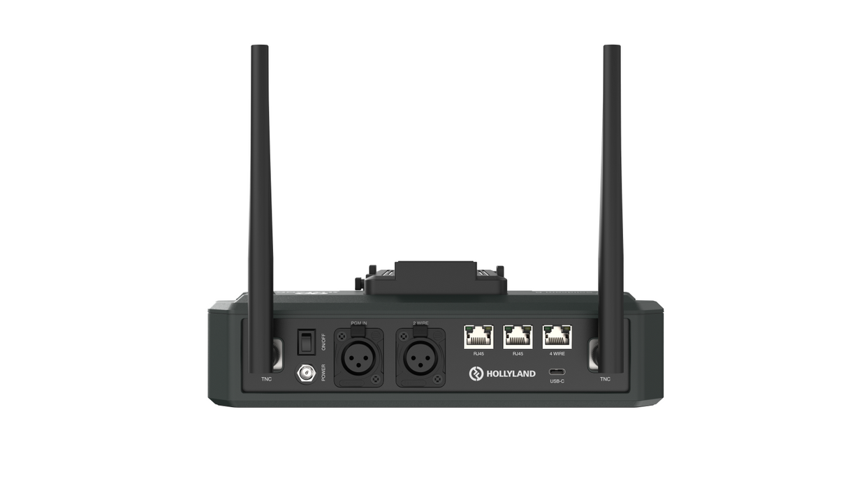 Intercom hub rear panel with antenna ports and connectivity jacks