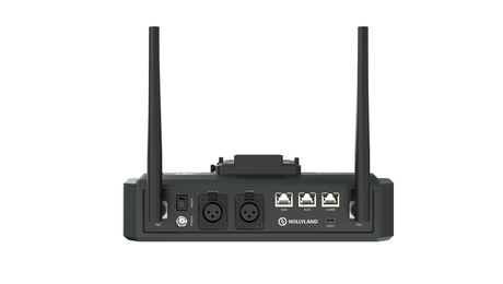Intercom hub rear panel with antenna ports and connectivity jacks