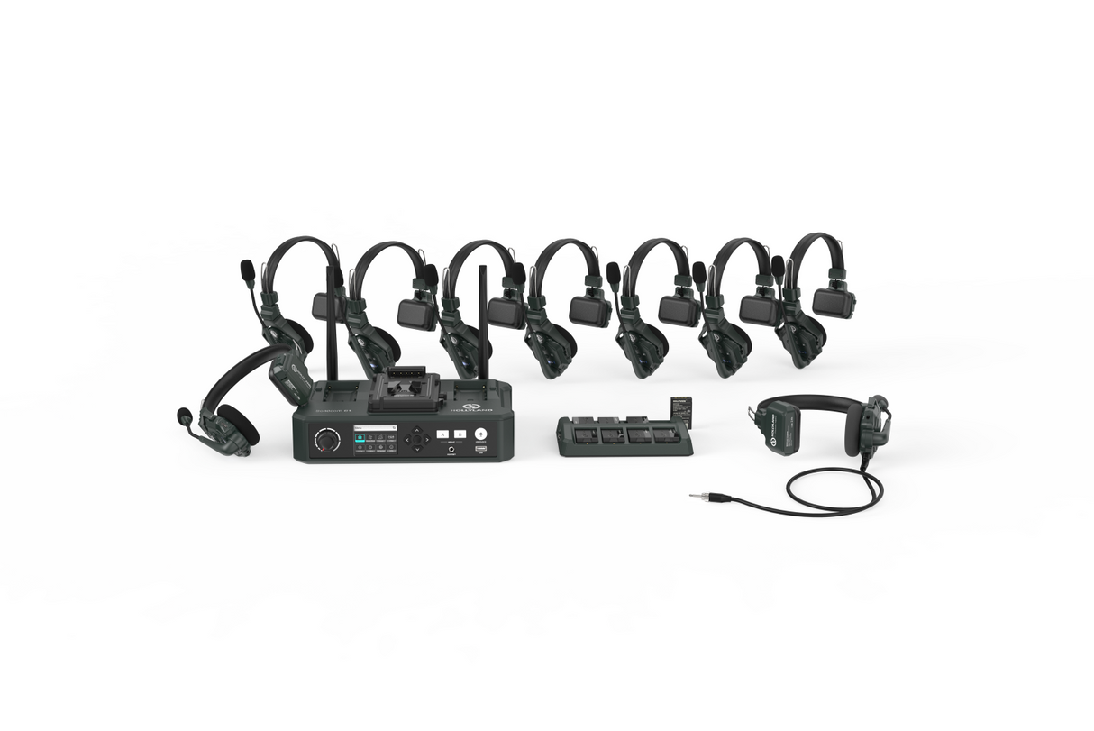 Central intercom hub with headset lineup of 8 units and included charging dock pieces