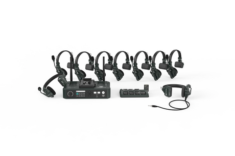 Central intercom hub with headset lineup of 8 units and included charging dock pieces