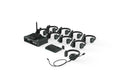 Wireless intercom headset system kit with central hub, 8 headsets, cables, and spare parts