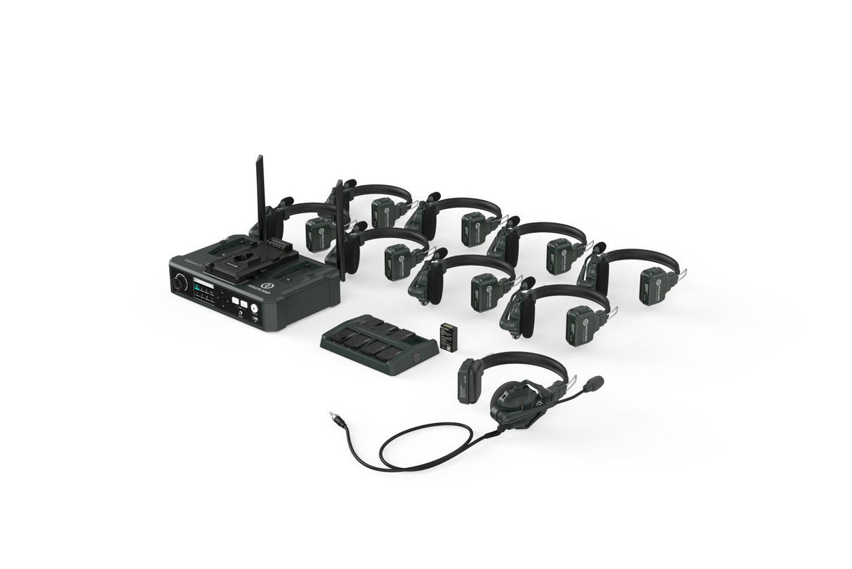 Wireless intercom headset system kit with central hub, 8 headsets, cables, and spare parts