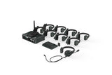 Wireless intercom headset system kit with central hub, 8 headsets, cables, and spare parts