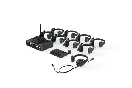 Wireless intercom headset system kit with central hub, 8 headsets, cables, and spare parts
