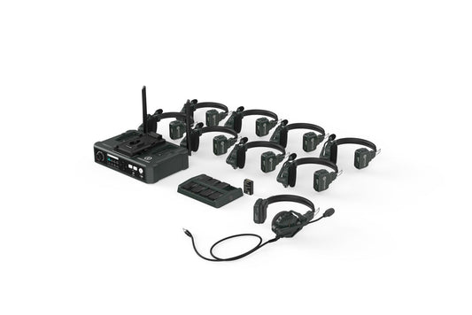 Wireless intercom headset system kit with central hub, 8 headsets, cables, and spare parts