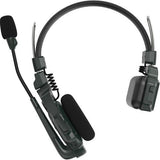 Wireless intercom headset side view with foam mic and coiled cable