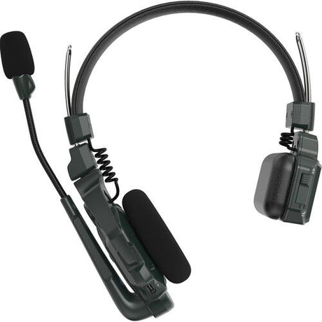 Wireless intercom headset side view with foam mic and coiled cable