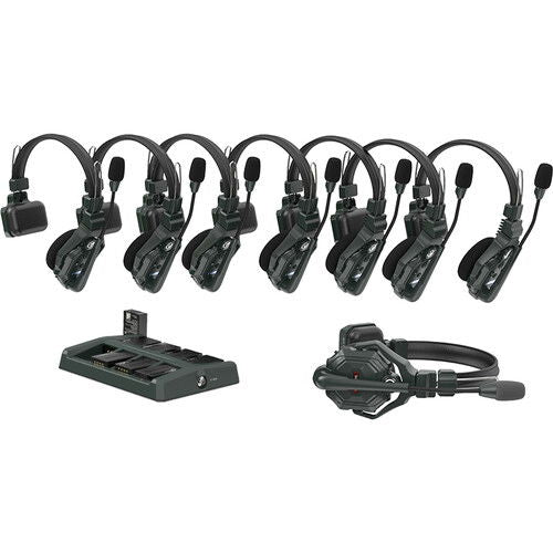 Wireless intercom set with DECT base and 8 over-ear headsets