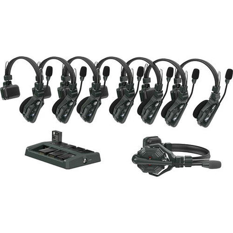 Wireless intercom set with DECT base and 8 over-ear headsets