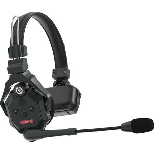 Wireless intercom headset with front buttons, boom mic, and over-ear frame