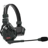 Wireless intercom headset with front buttons, boom mic, and over-ear frame