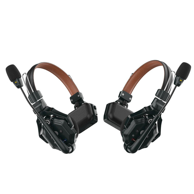 Black dual-ear intercom headset with brown leather-style headband and two microphones