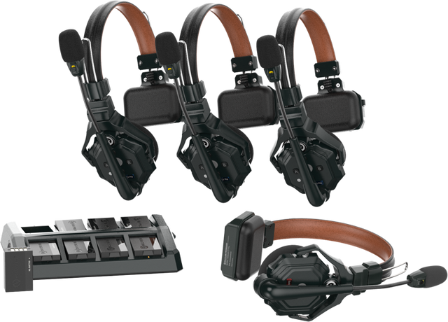 4-channel intercom headset set with headband mics and control base, black