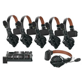 6-channel intercom headset set with brown leather headbands and black comm units