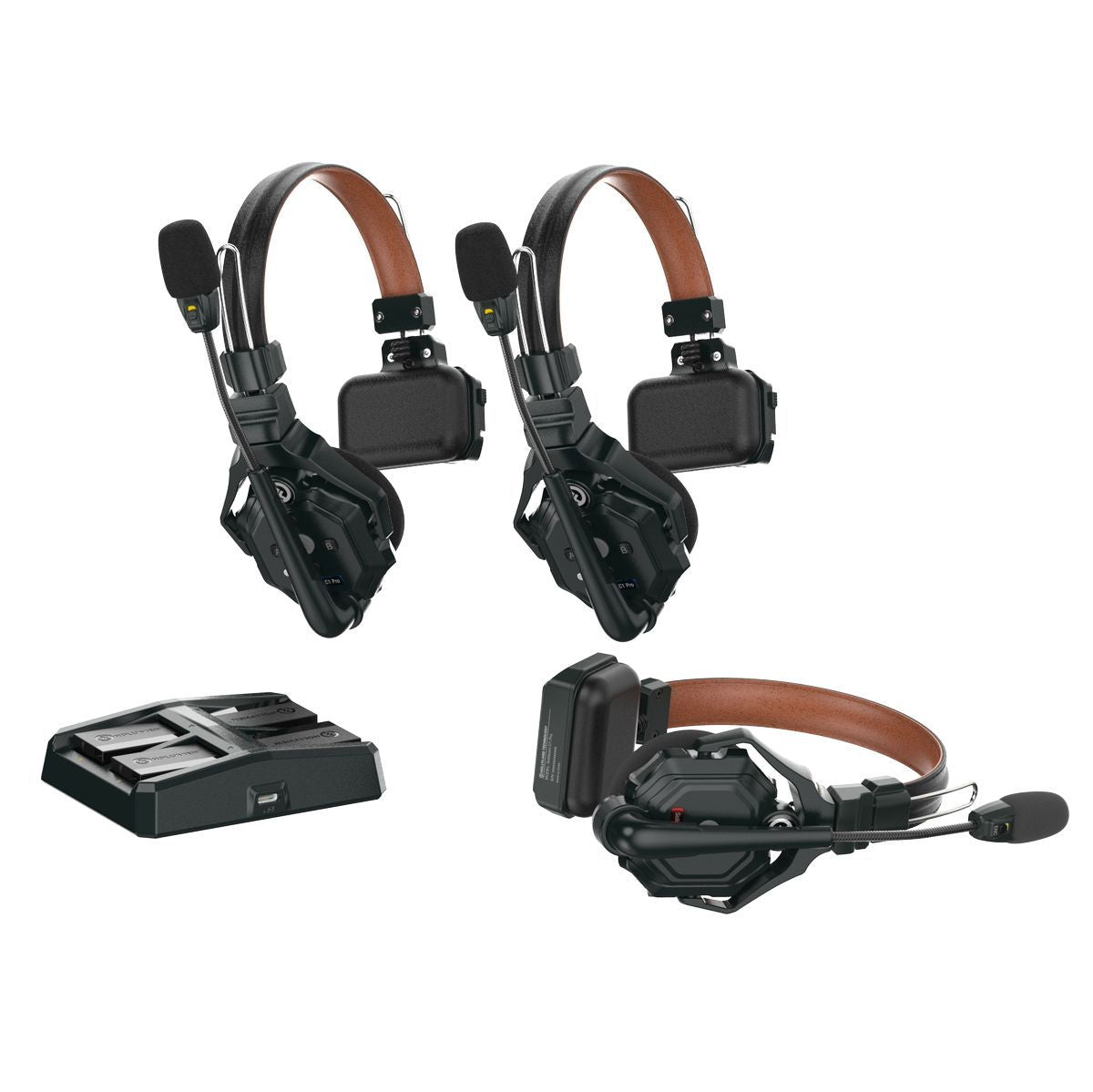 Intercom headsets with brown leather headband and boom microphone, plus base unit