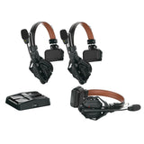Intercom headsets with brown leather headband and boom microphone, plus base unit