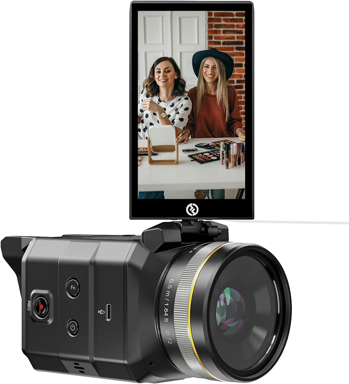 Black camera with LCD screen showing two people at a desk
