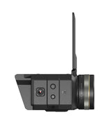 Side view of black live stream camera with control buttons and lens ring