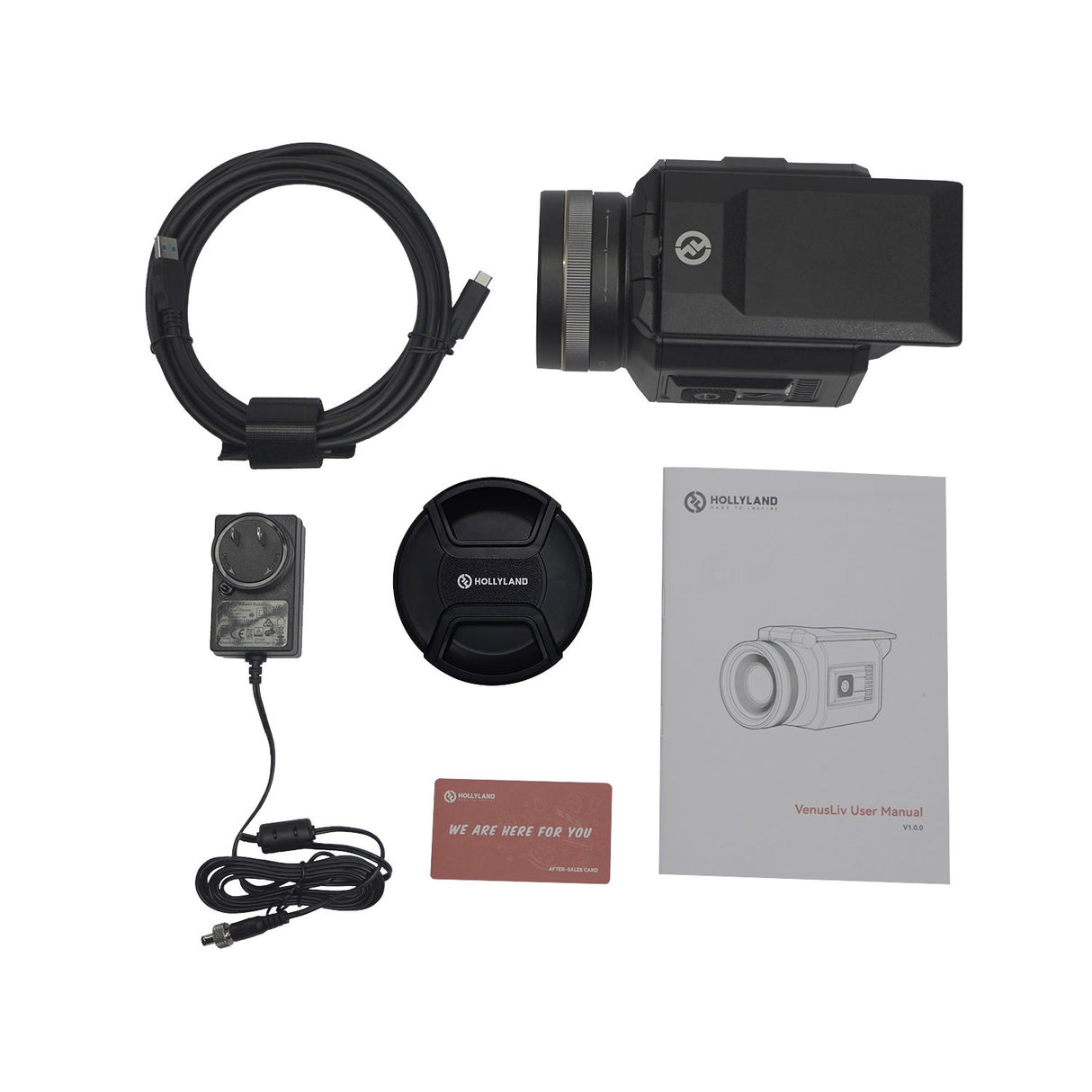 VenusLiv camera kit with cables, lens cap, and user manual