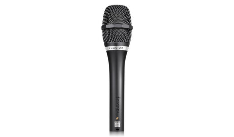 Front view of black handheld condenser microphone with mesh windscreen