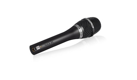 Side view of black handheld condenser microphone with mesh grille and label