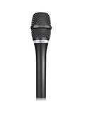 Black handheld condenser microphone with cardioid grille mesh head