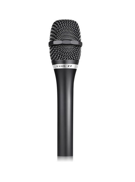 Black handheld condenser microphone with cardioid grille mesh head