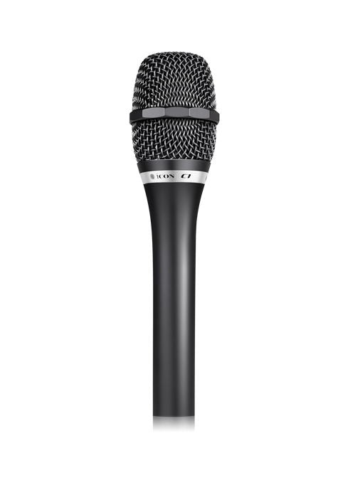 Black handheld condenser microphone with cardioid grille mesh head