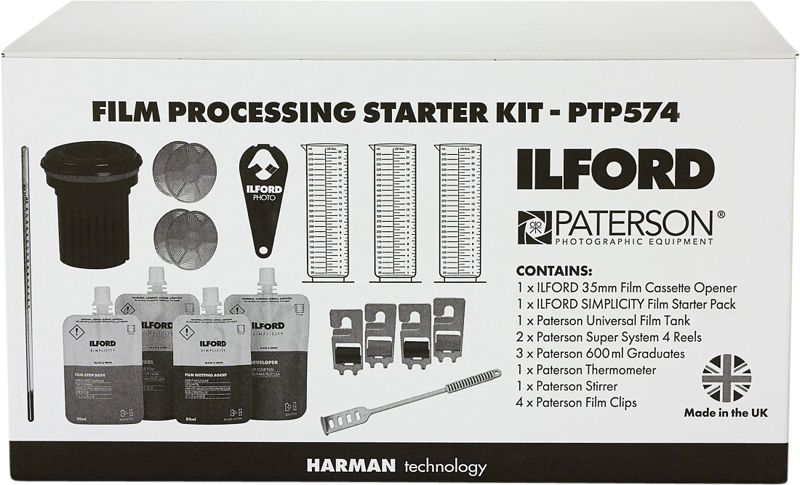 Film processing starter kit PTP574 box front with Ilford Paterson contents list