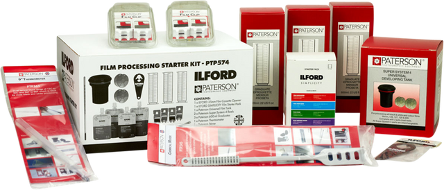 Film processing starter kit box with bottles, reels, tank, thermometer and clips