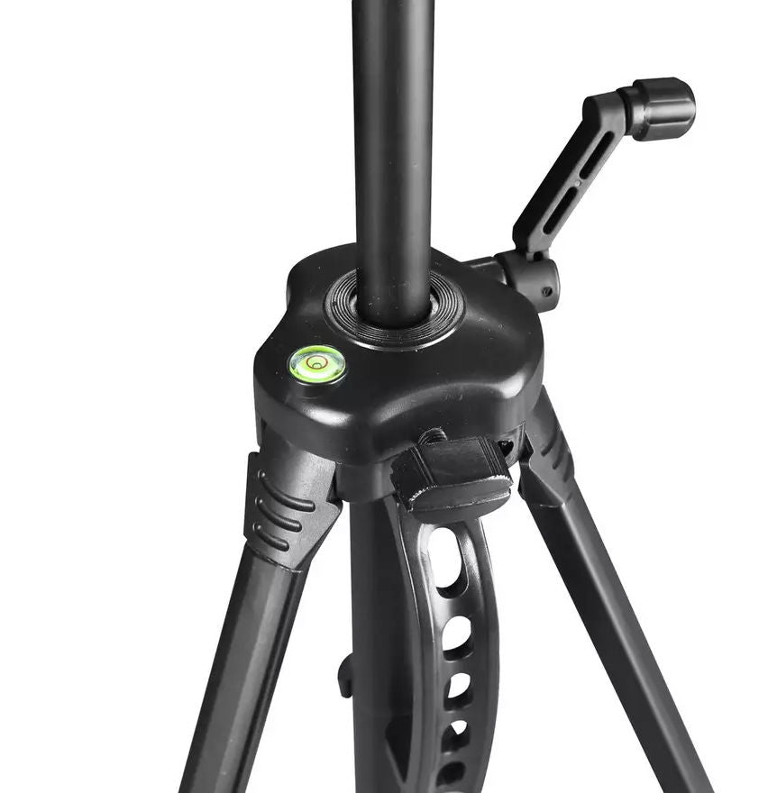 Close-up of black tripod head with bubble level and locking knobs
