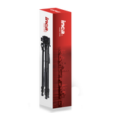 Black photo/video tripod in box package, product shown on front
