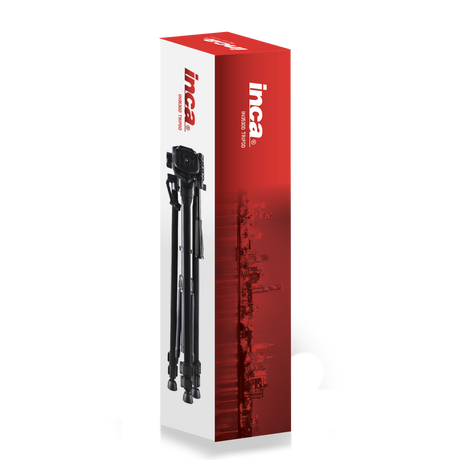 Black photo/video tripod in box package, product shown on front
