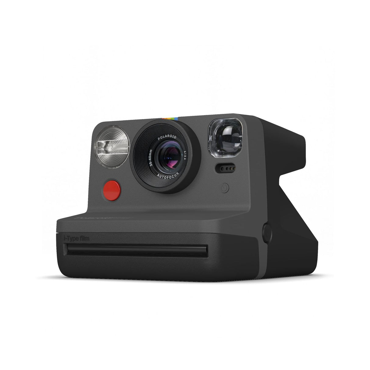 Black instant film camera angled view showing flash, lens, and front controls