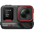 Black action camera with front lens, red trim, and rear status screen